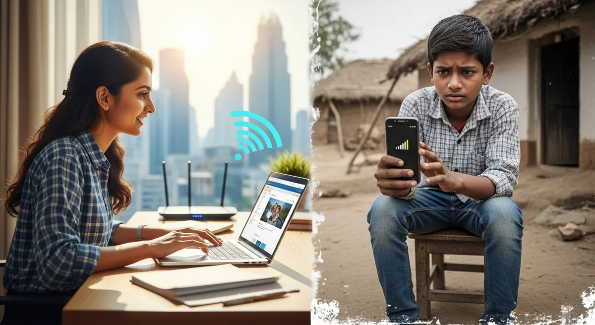 Digital divide in India: city student with laptop versus village student with no internet access