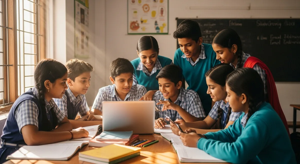 Indian students of all backgrounds — city and village — learning together with laptops and mobile phones