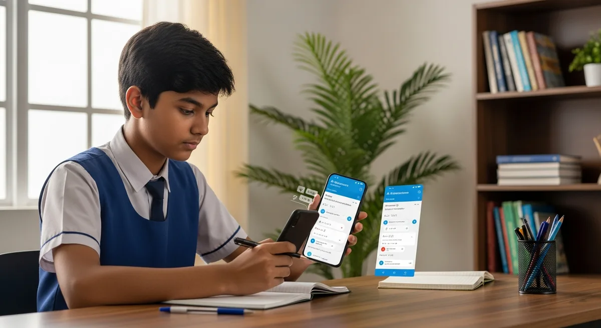 Indian school student in uniform using smartphone with AI chatbot to solve a math problem